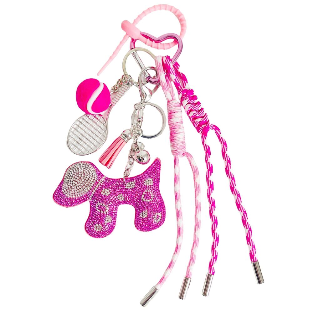 4753 Cute Sparkling Rheinstone Puppy Dog Rope Braided Keychain Bag Charms